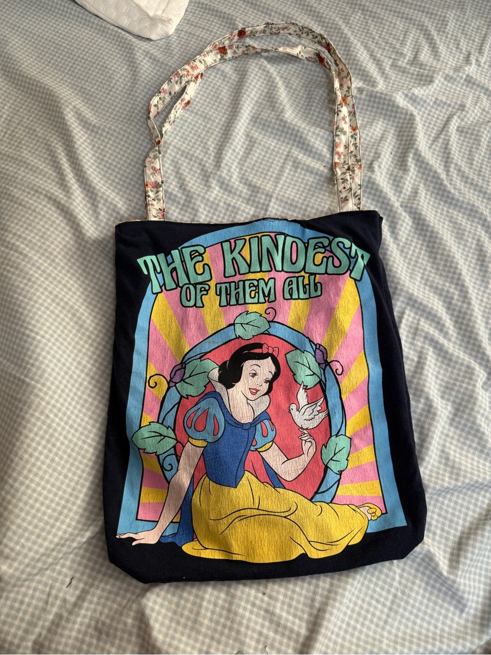 Upcycled rework Snow White Graphic Tote Bag - Navy with Yellow & Pink